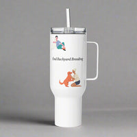 White tumbler with graphic design and text on a gray background