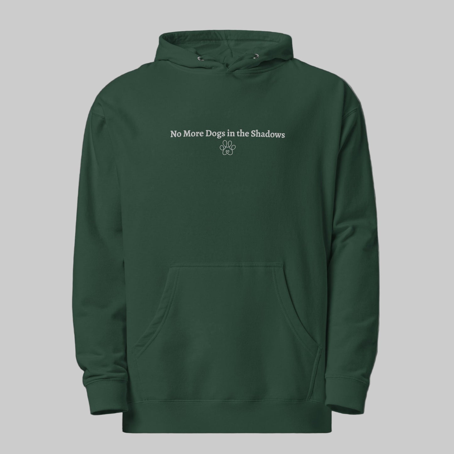 Green hoodie with 'No More Dogs in the Shadows' text on a gray background