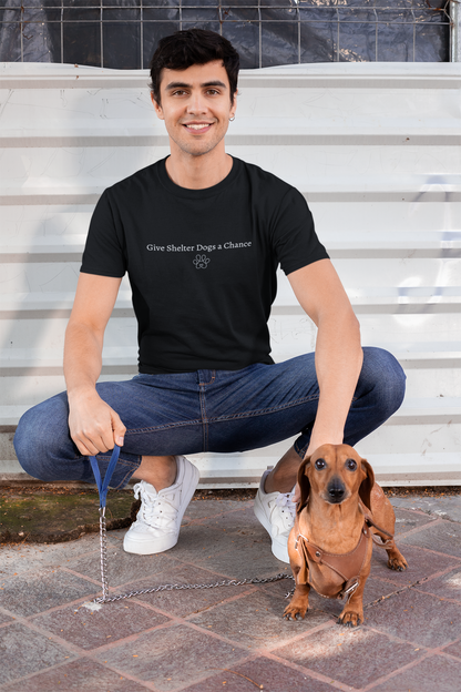 Man sitting on steps with a dachshund wearing a black t-shirt with Give Shelter Dogs a Chance text.