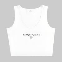 White tank top with text and paw print on a gray background