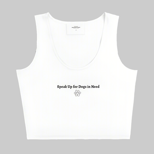 White tank top with text and paw print on a gray background