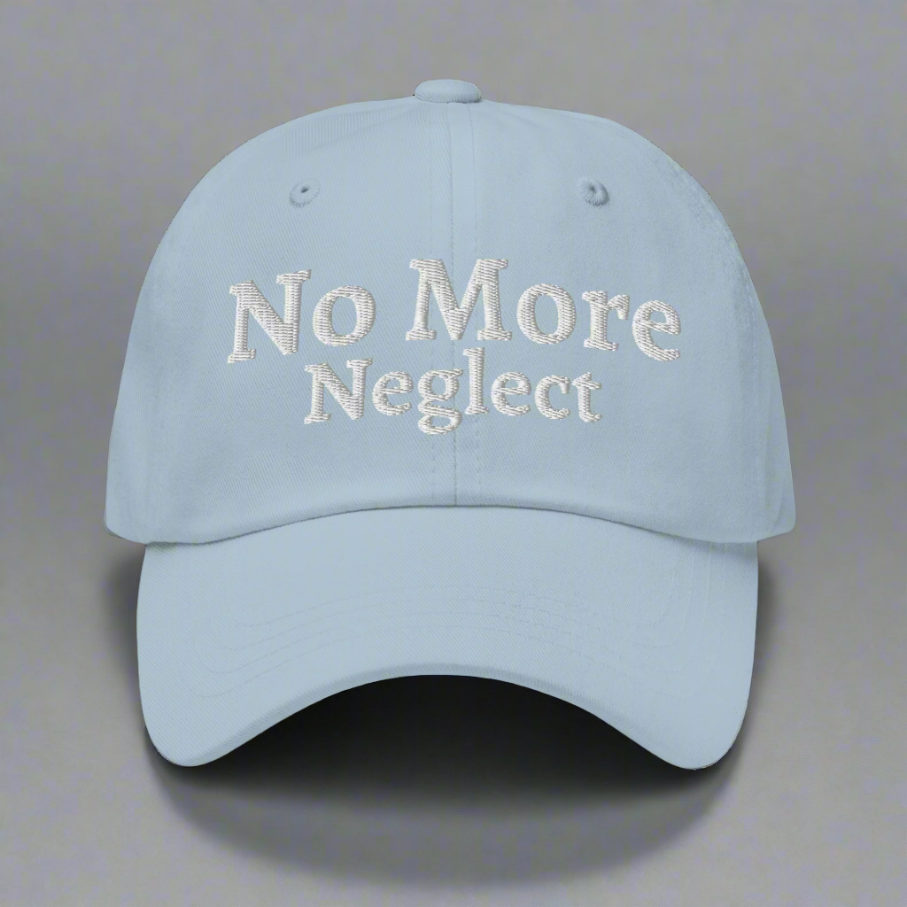 Light blue cap with 'No More Neglect' text on a white background