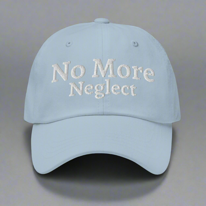 Light blue cap with 'No More Neglect' text on a white background