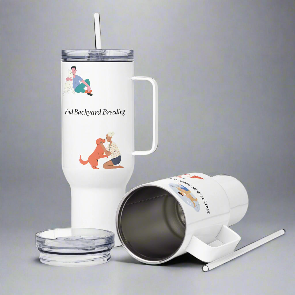 White tumbler with illustrations and text on a white background