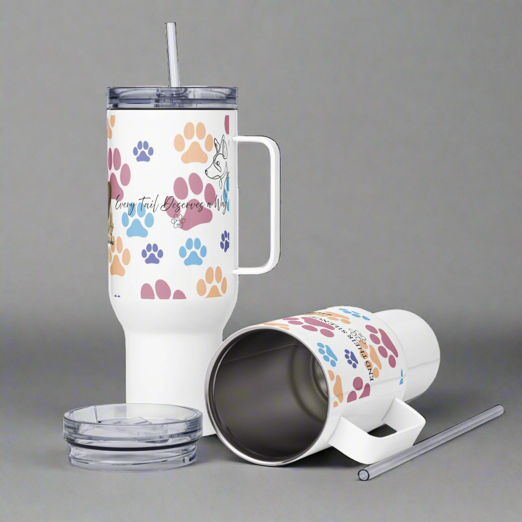 Tumbler with colorful paw prints and text on a white background