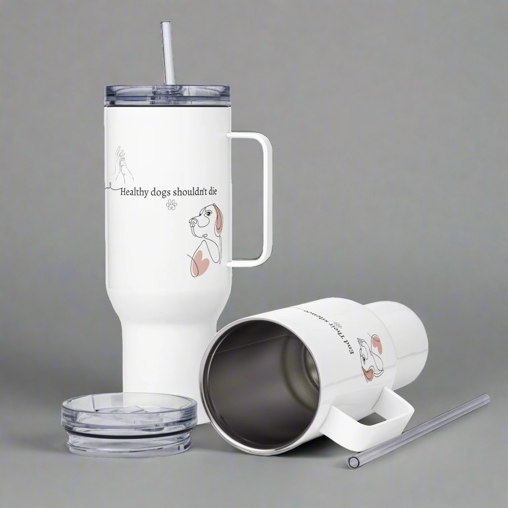 White insulated tumbler with a handle, straw, and lid on a white background.