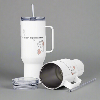 White insulated tumbler with a handle, straw, and lid on a white background.