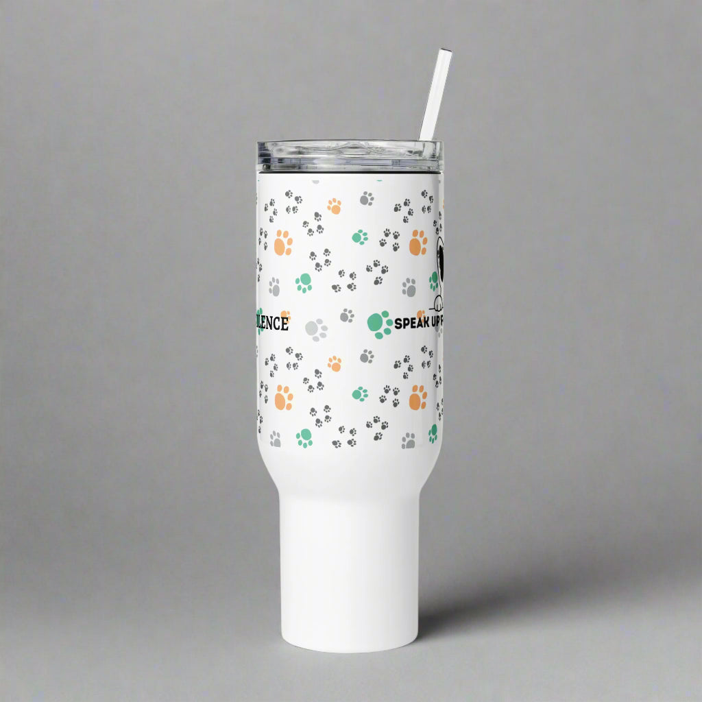 White tumbler with paw print pattern and text on a gray background