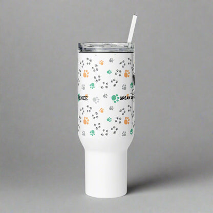 White tumbler with paw print pattern and text on a gray background