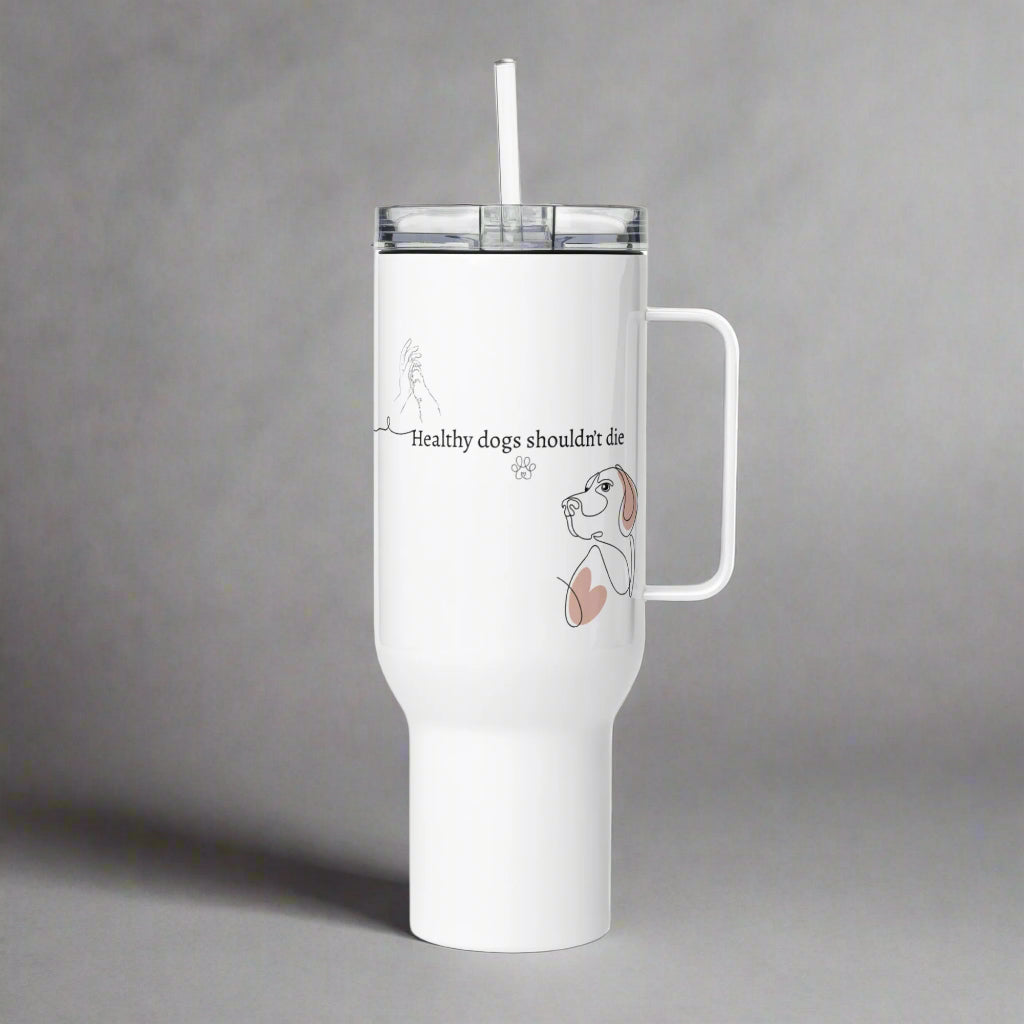 White tumbler with handle and straw on a gray background