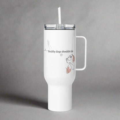 White tumbler with handle and straw on a gray background