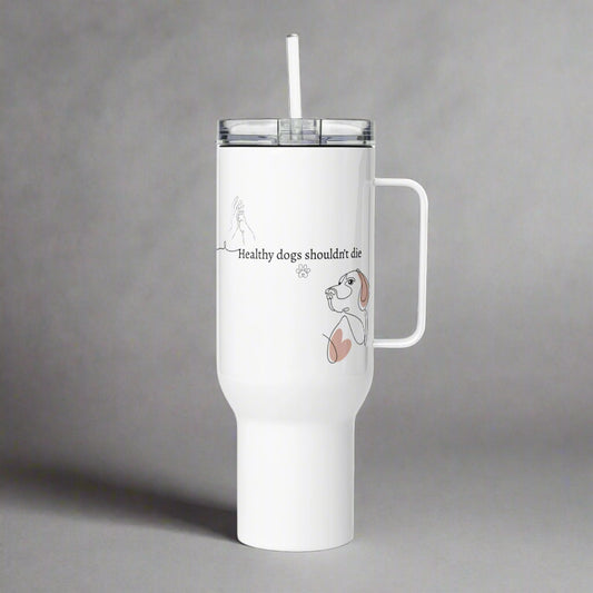 White tumbler with handle and straw on a gray background