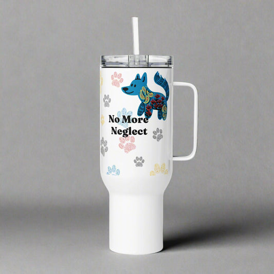 Tumbler with a blue dog illustration and 'No More Neglect' text on a white background