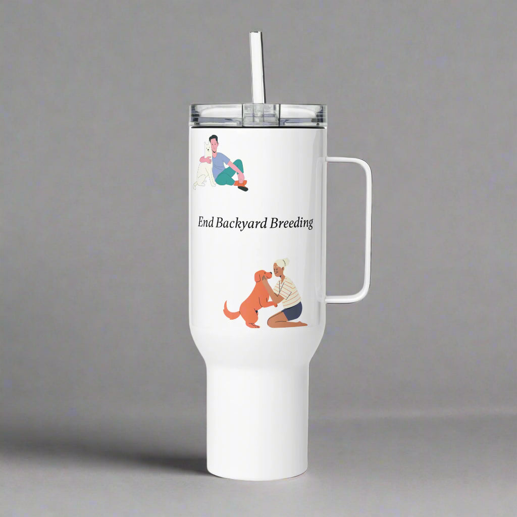 White tumbler with graphic design and text on a gray background