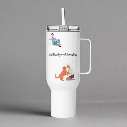 White tumbler with graphic design and text on a gray background