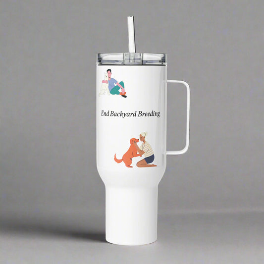 White tumbler with graphic design and text on a gray background