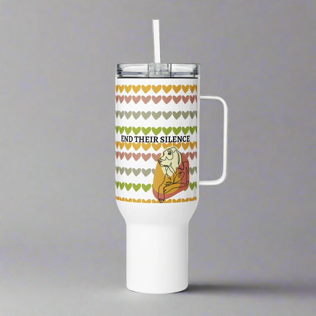 White tumbler with a heart pattern and a cartoon character on a gray background