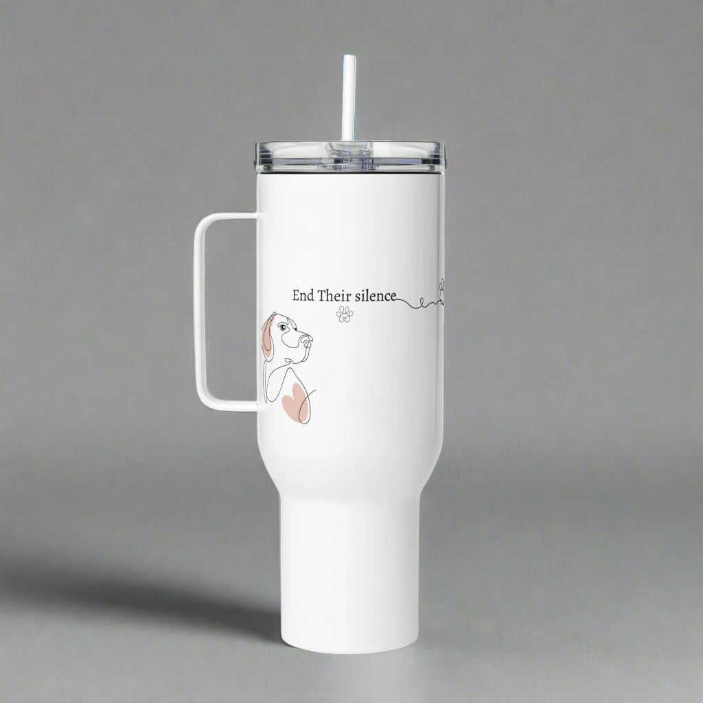 White tumbler with handle and straw on a gray background