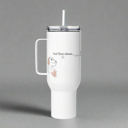 White tumbler with handle and straw on a gray background