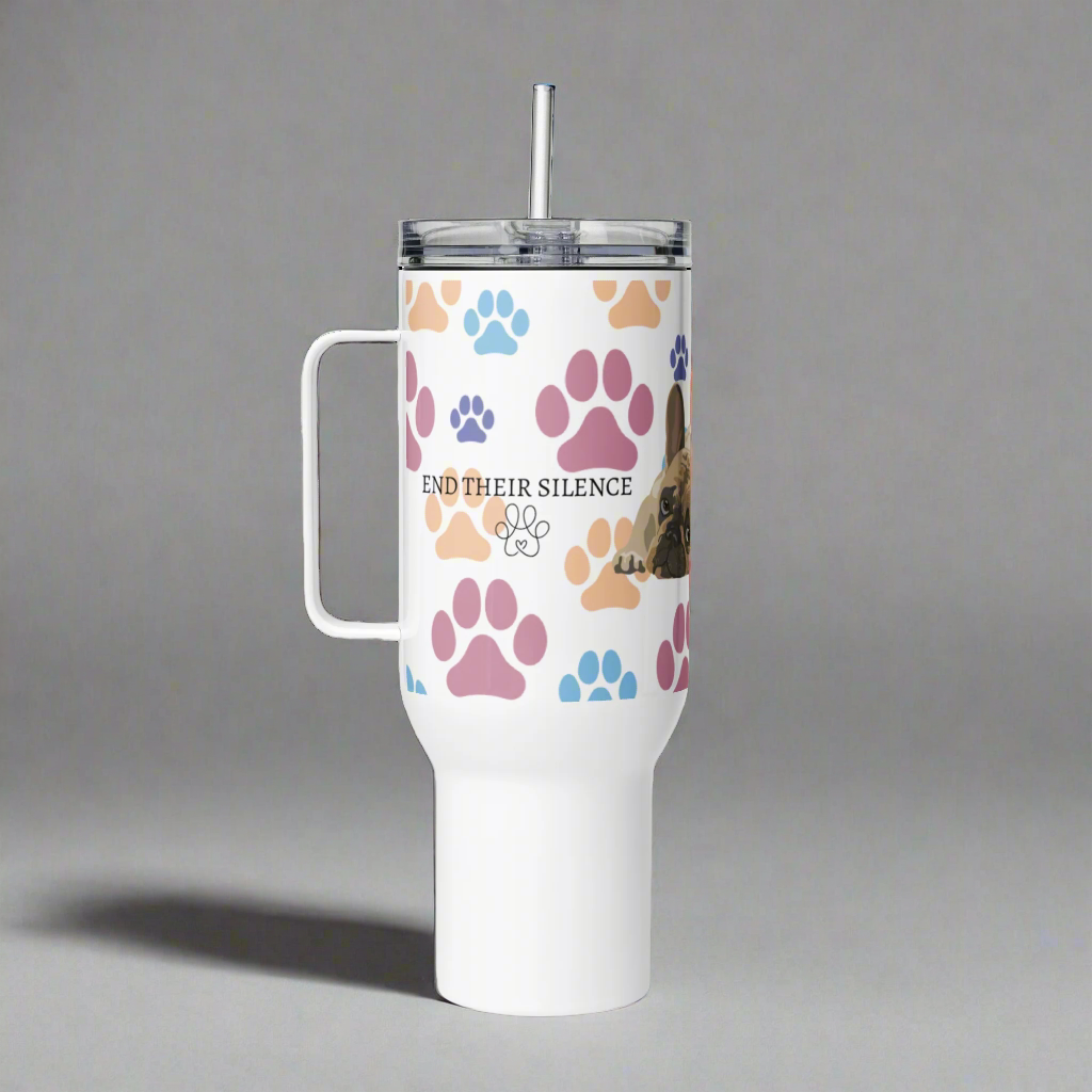 White tumbler with paw prints and a cat image on a gray background