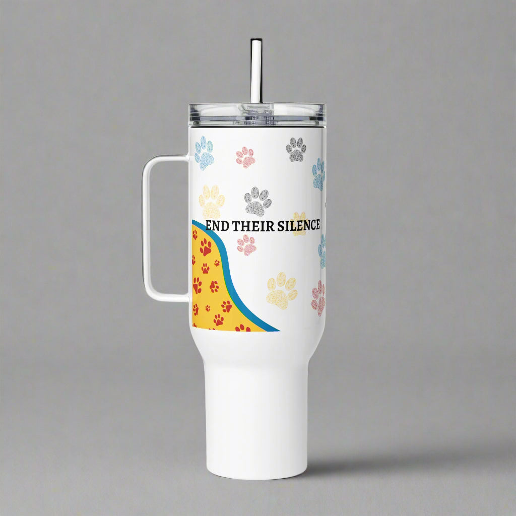 White tumbler with paw prints and text on a gray background