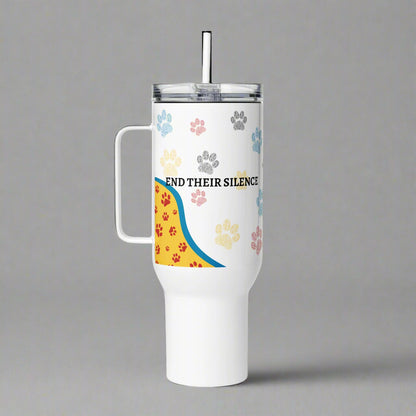 White tumbler with paw prints and text on a gray background