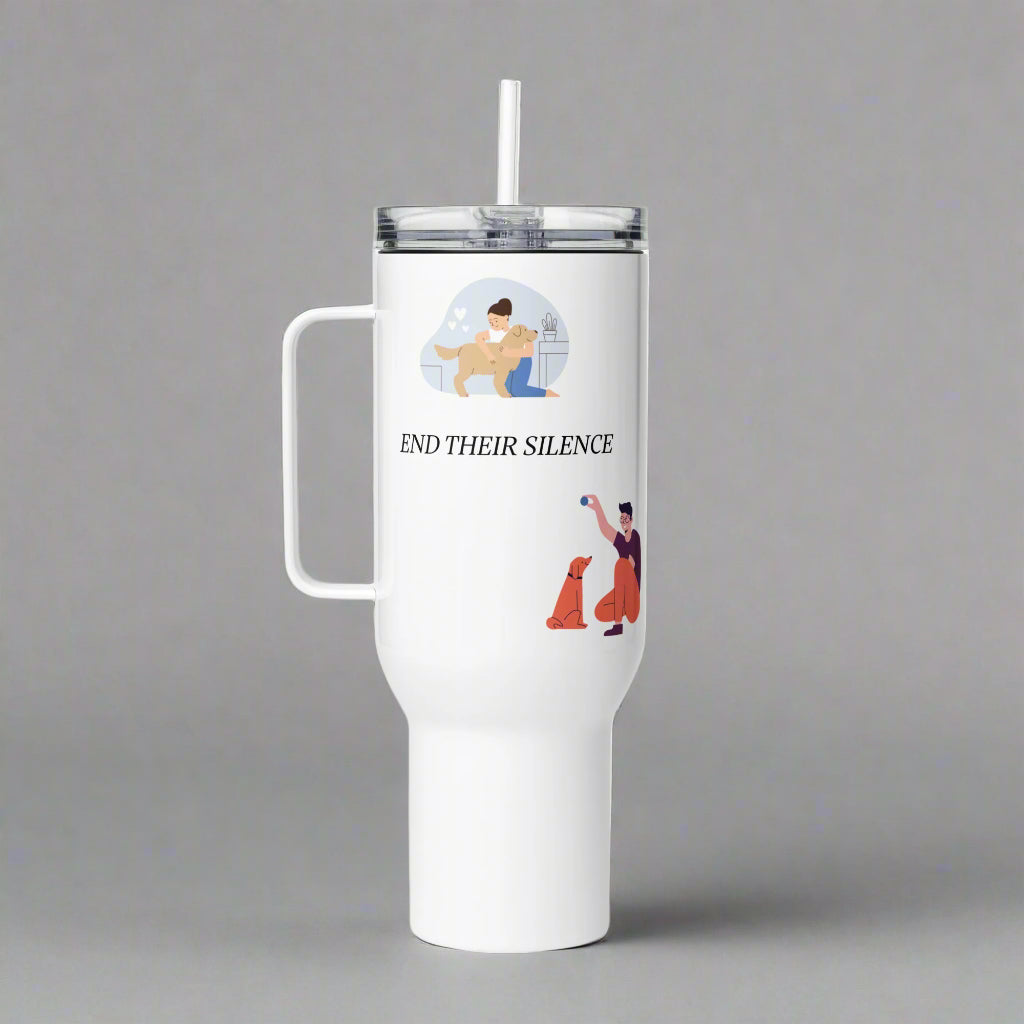 White travel mug with illustrations and text on a gray background