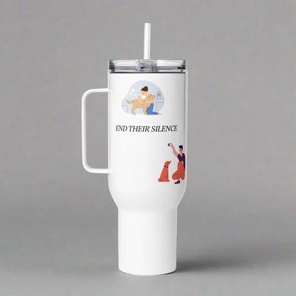 White travel mug with illustrations and text on a gray background