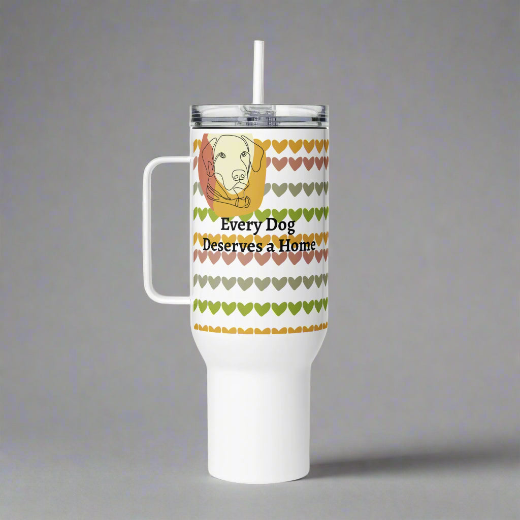 White tumbler with a handle featuring a dog illustration and 'Every Dog Deserves a Home' text on a white background.