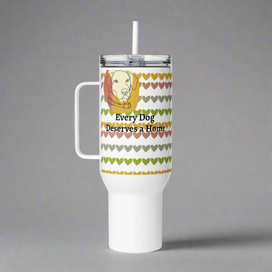 White tumbler with a handle featuring a dog illustration and 'Every Dog Deserves a Home' text on a white background.