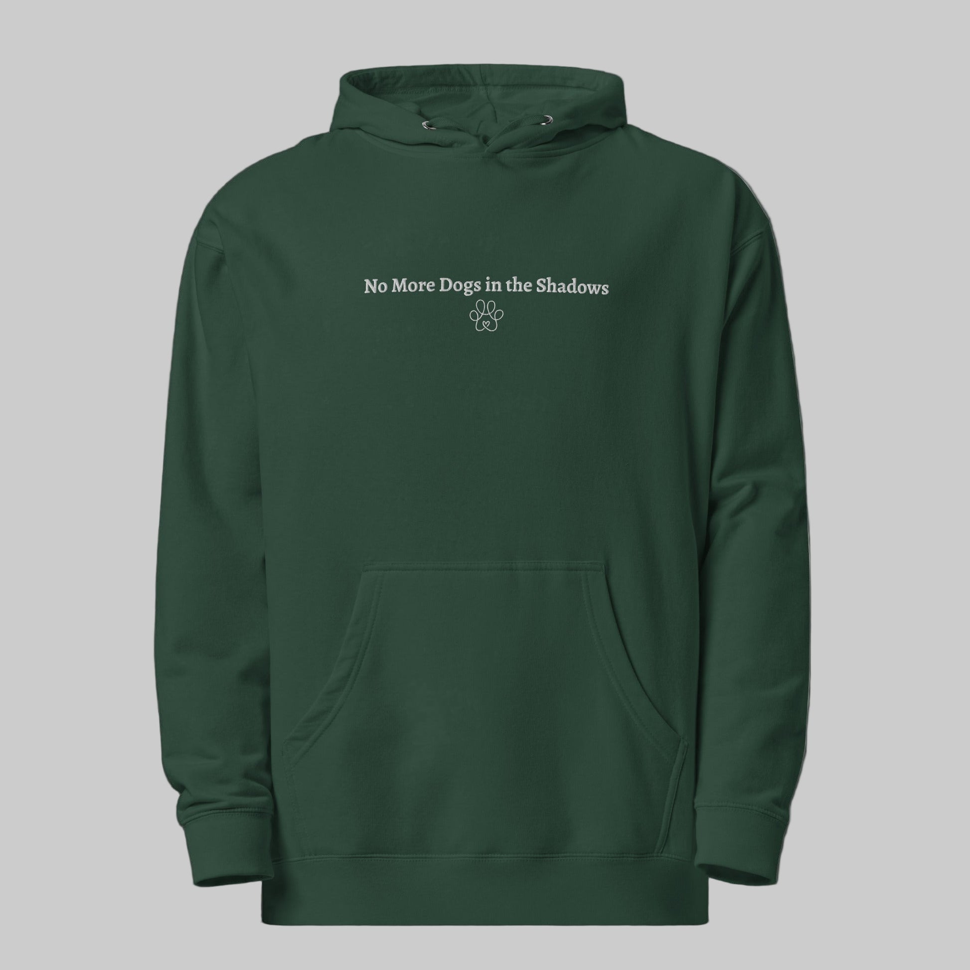 Green hoodie with 'No More Dogs in the Shadows' text on a gray background