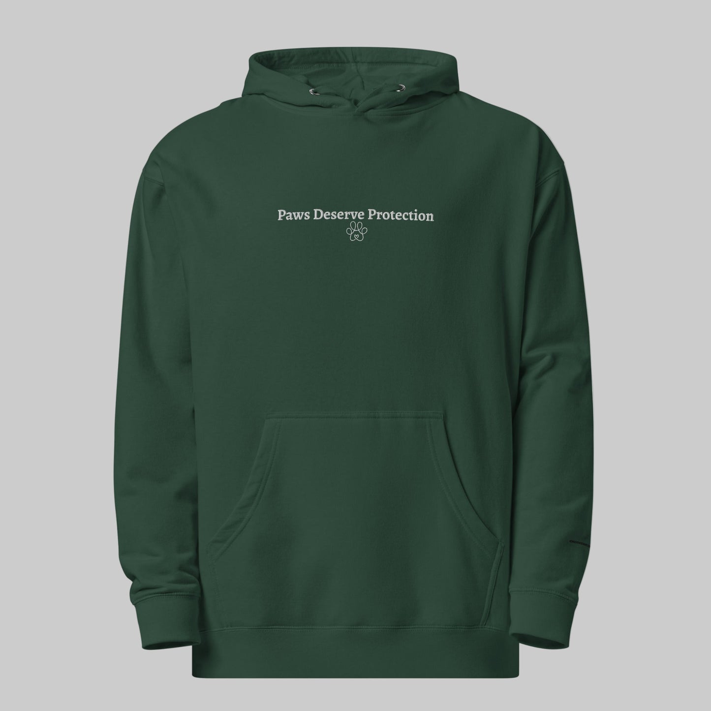 Green hoodie with 'Paws Deserve Protection' text on a gray background