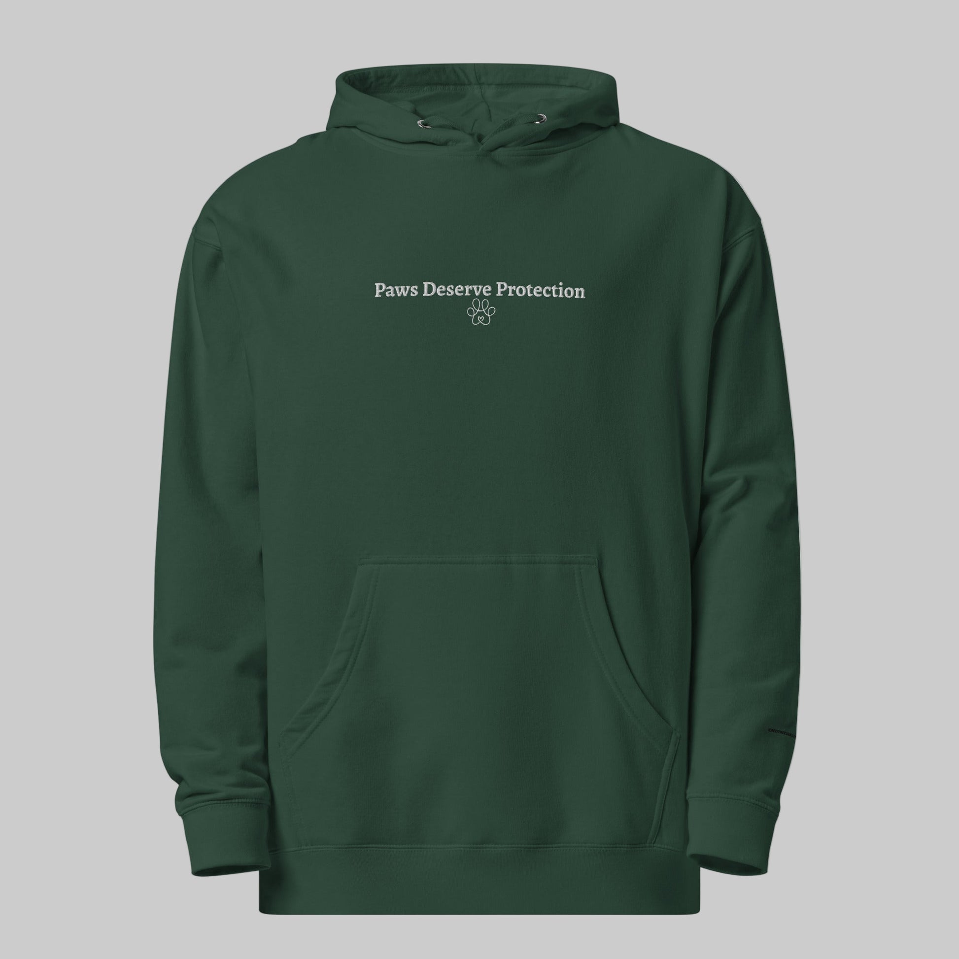 Green hoodie with 'Paws Deserve Protection' text on a gray background