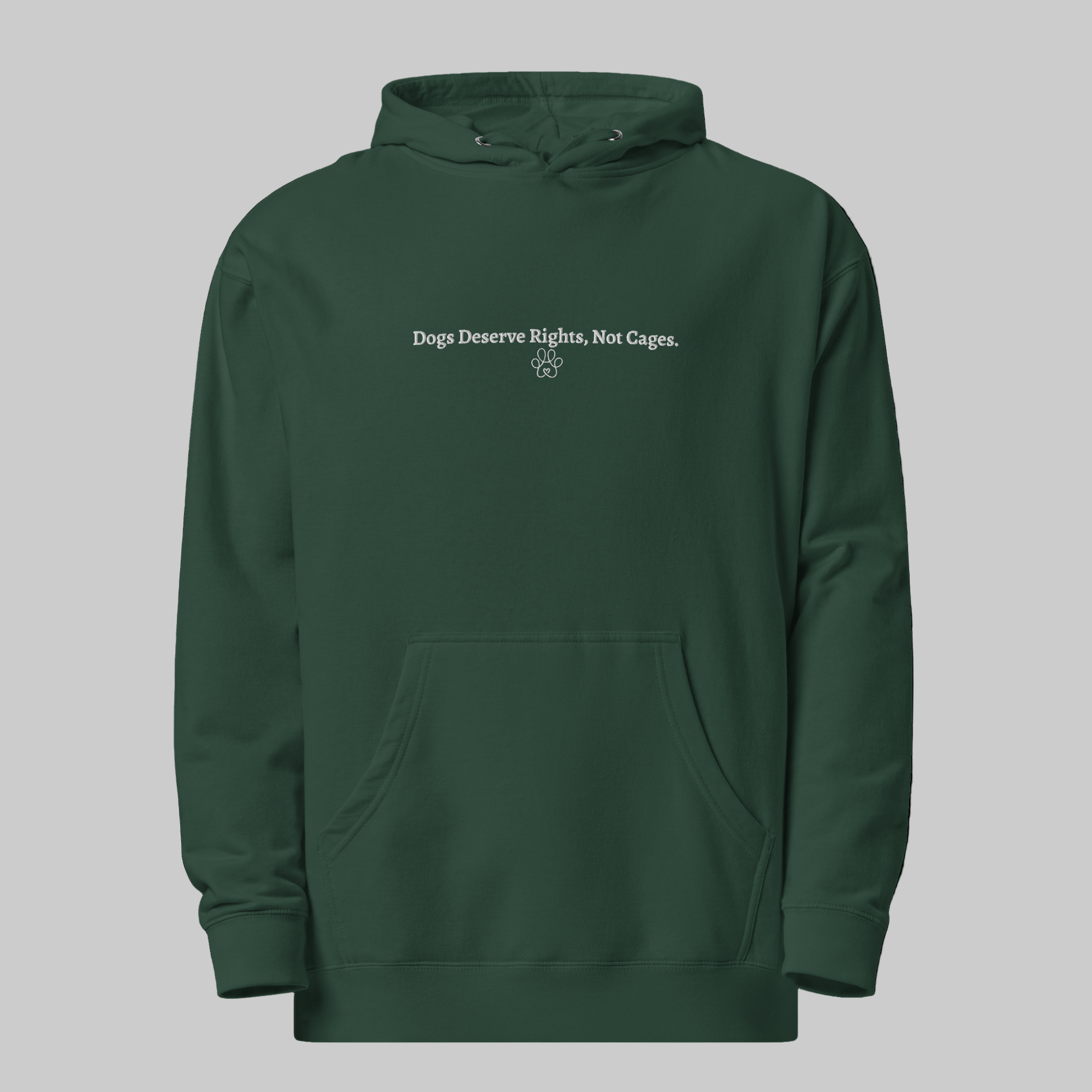 Green hoodie with text 'Dogs Deserve Rights, Not Cages' on a white background