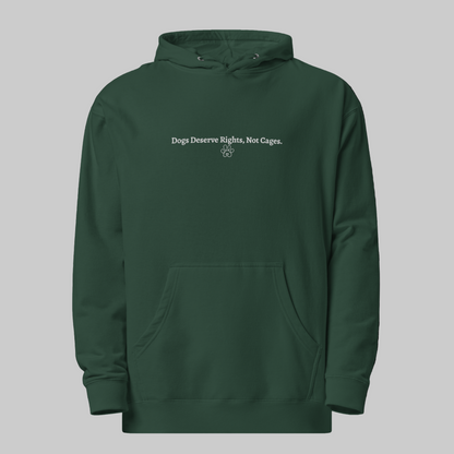 Green hoodie with text 'Dogs Deserve Rights, Not Cages' on a white background