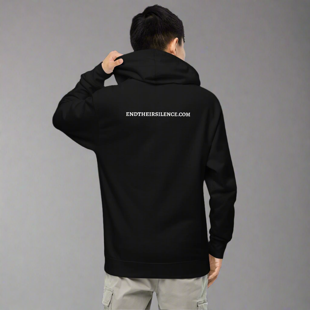Person wearing a black hoodie with 'ENDTHEIRSILENCE.COM' text on the back, standing against a white background.