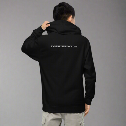 Person wearing a black hoodie with 'ENDTHEIRSILENCE.COM' text on the back, standing against a white background.