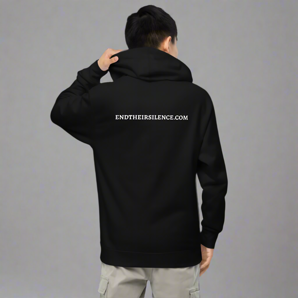 Person wearing a black hoodie with 'ENDTHEIRSILENCE.COM' text on the back against a gray background