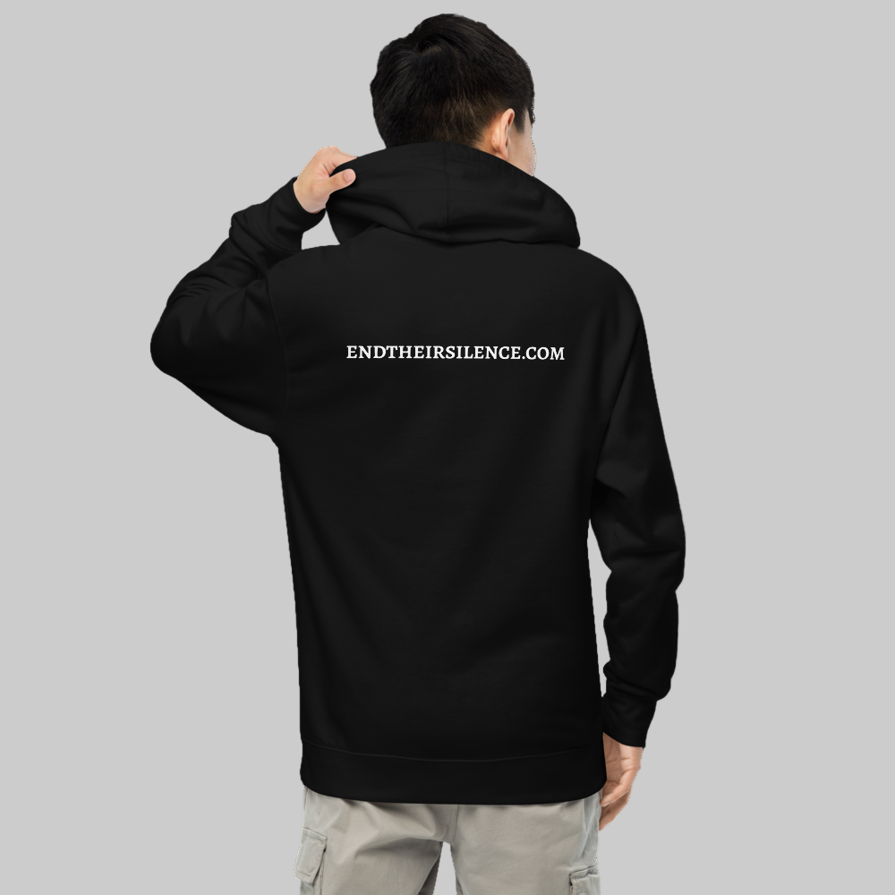 Person wearing a black hoodie with 'ENDTHEIRSILENCE.COM' text on the back against a gray background