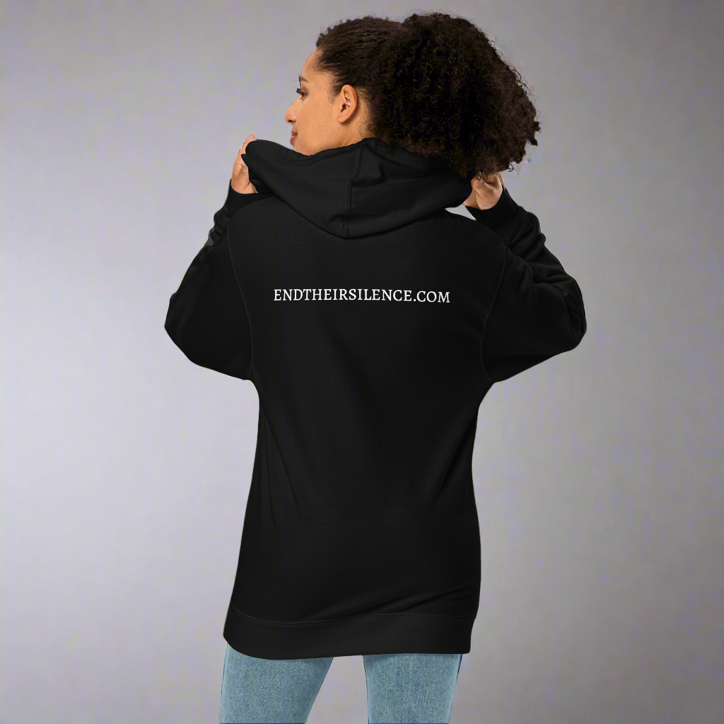 Person wearing a black hoodie with 'ENDTHEIRESILENCE.COM' text on the back against a gray background