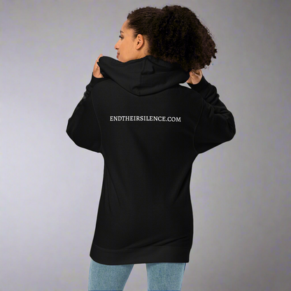 Person wearing a black hoodie with 'ENDTHEIRESILENCE.COM' text on the back against a gray background