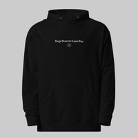 Black hoodie with 'Dogs Deserve Laws Too' text on a gray background