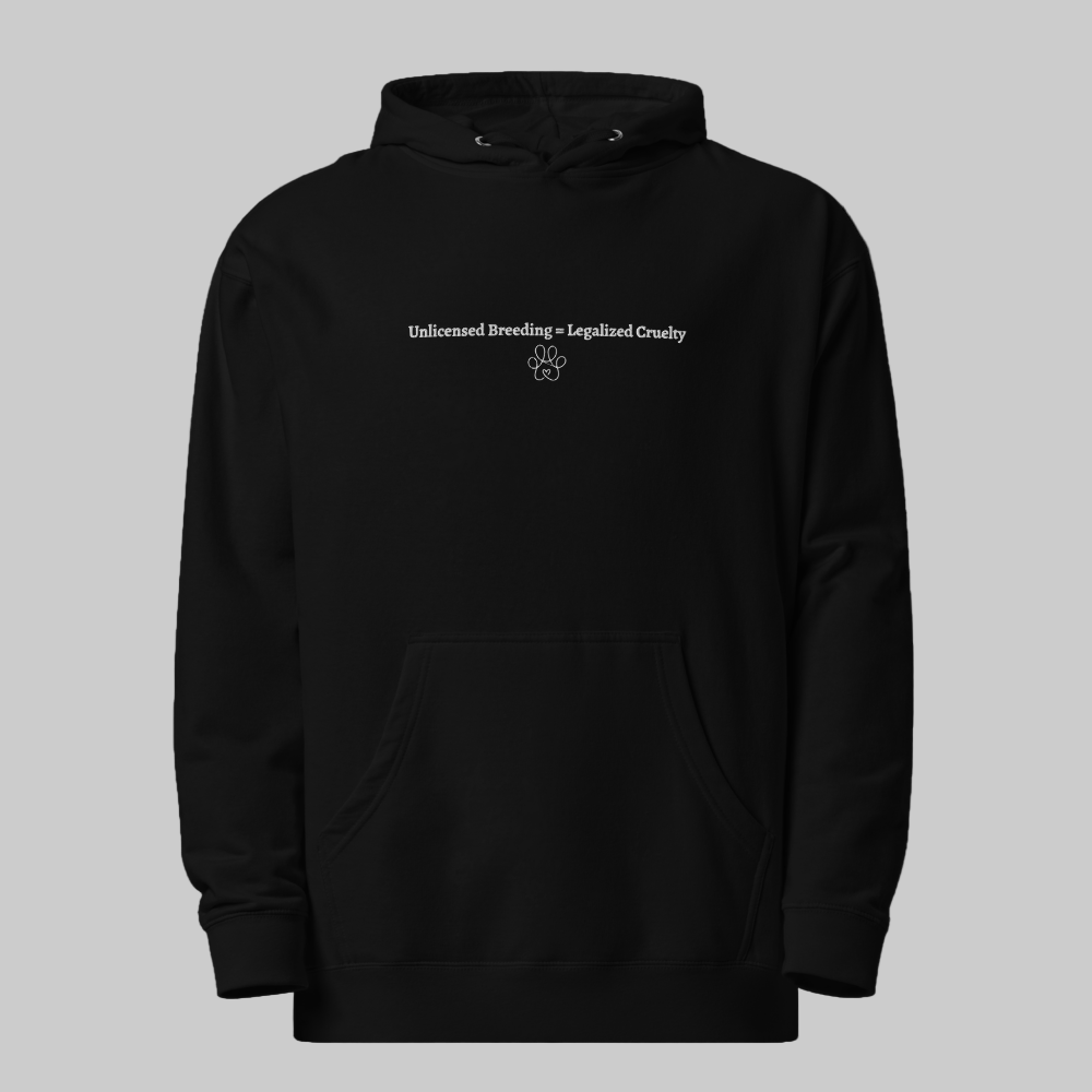 Black hoodie with text and paw print design on a gray background