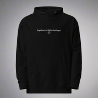 Black hoodie with text 'Dogs Deserve Rights, Not Cages' on a light gray background