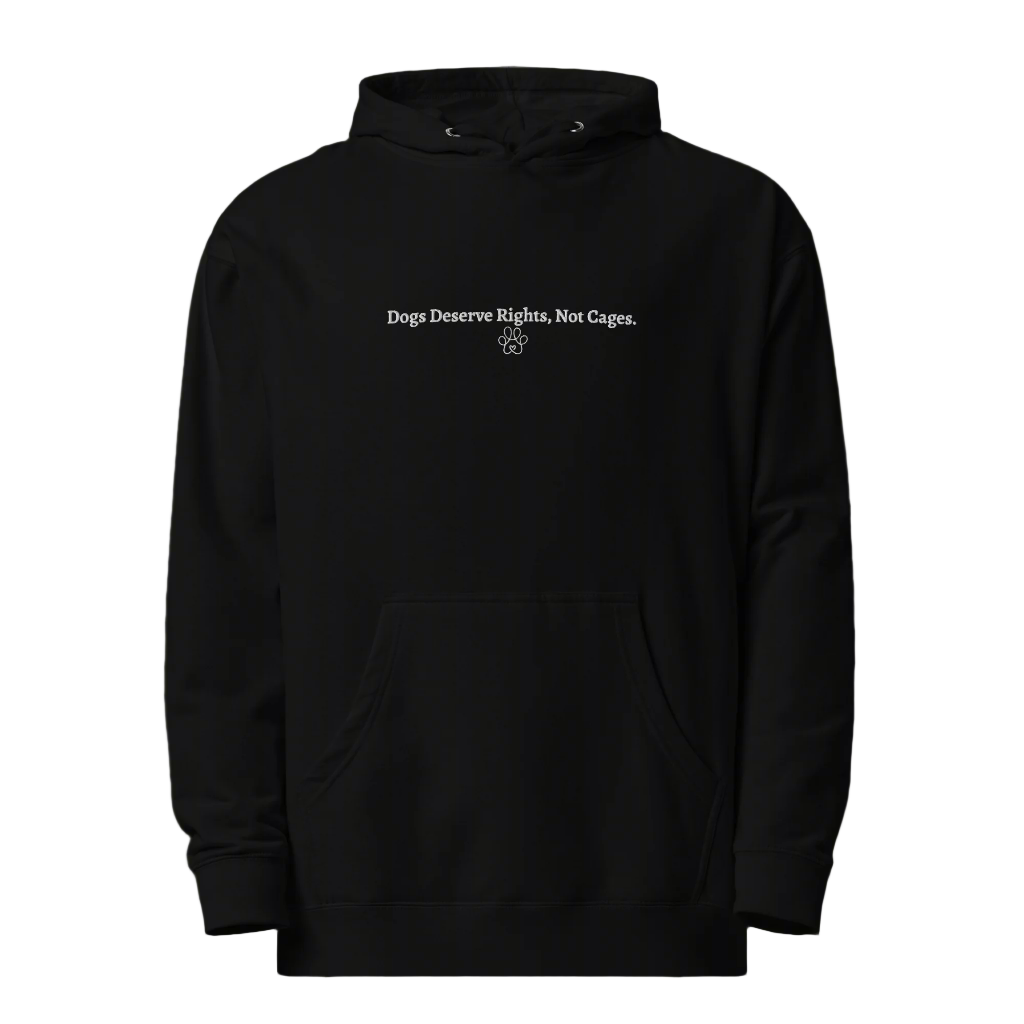 Black hoodie with text 'Dogs Deserve Rights, Not Cages' on a light gray background