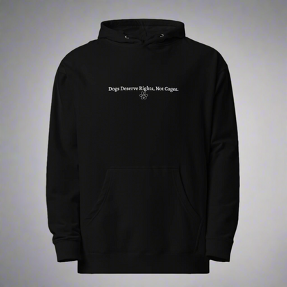 Black hoodie with text 'Dogs Deserve Rights, Not Cages' on a light gray background