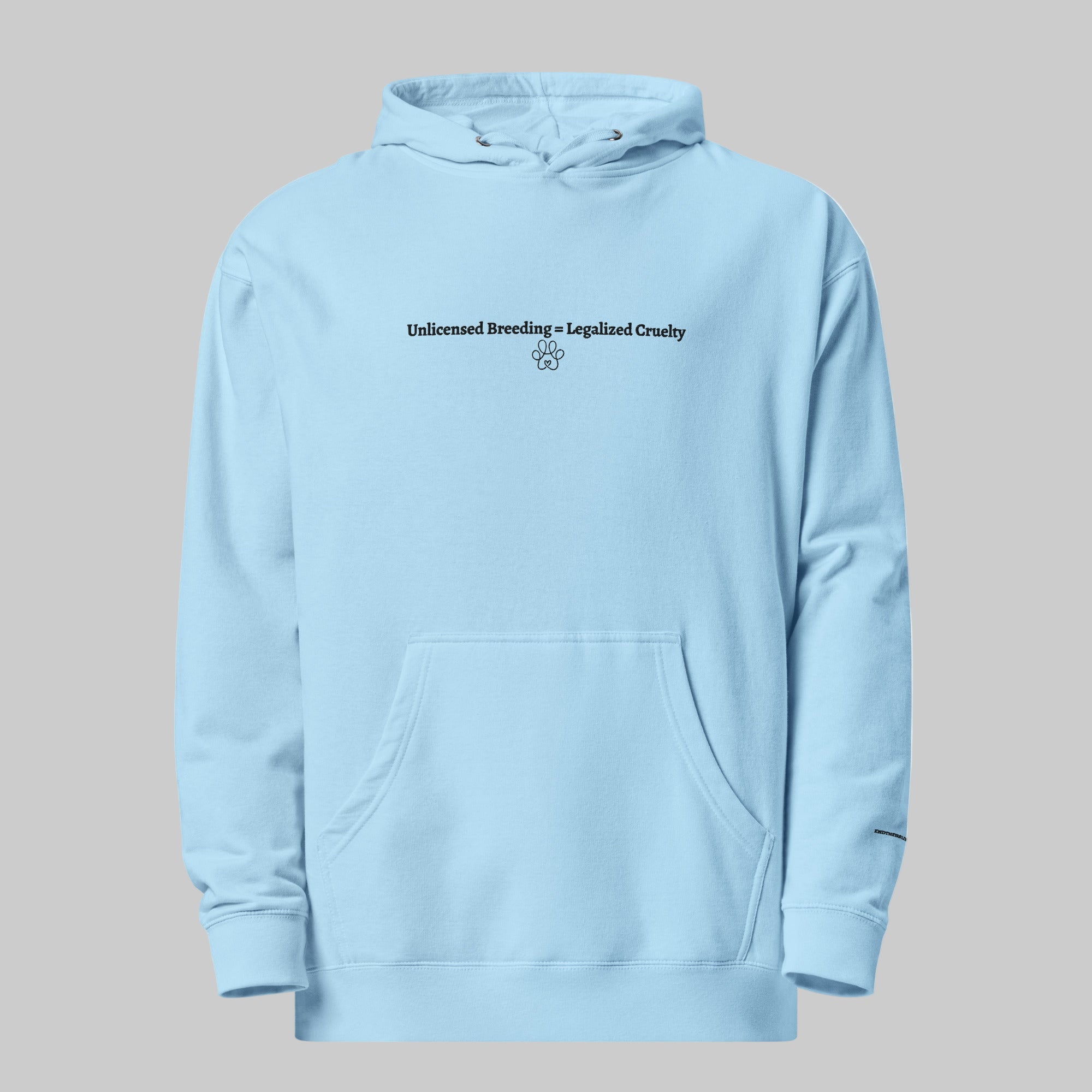 Light blue hoodie with text and paw print on a gray background