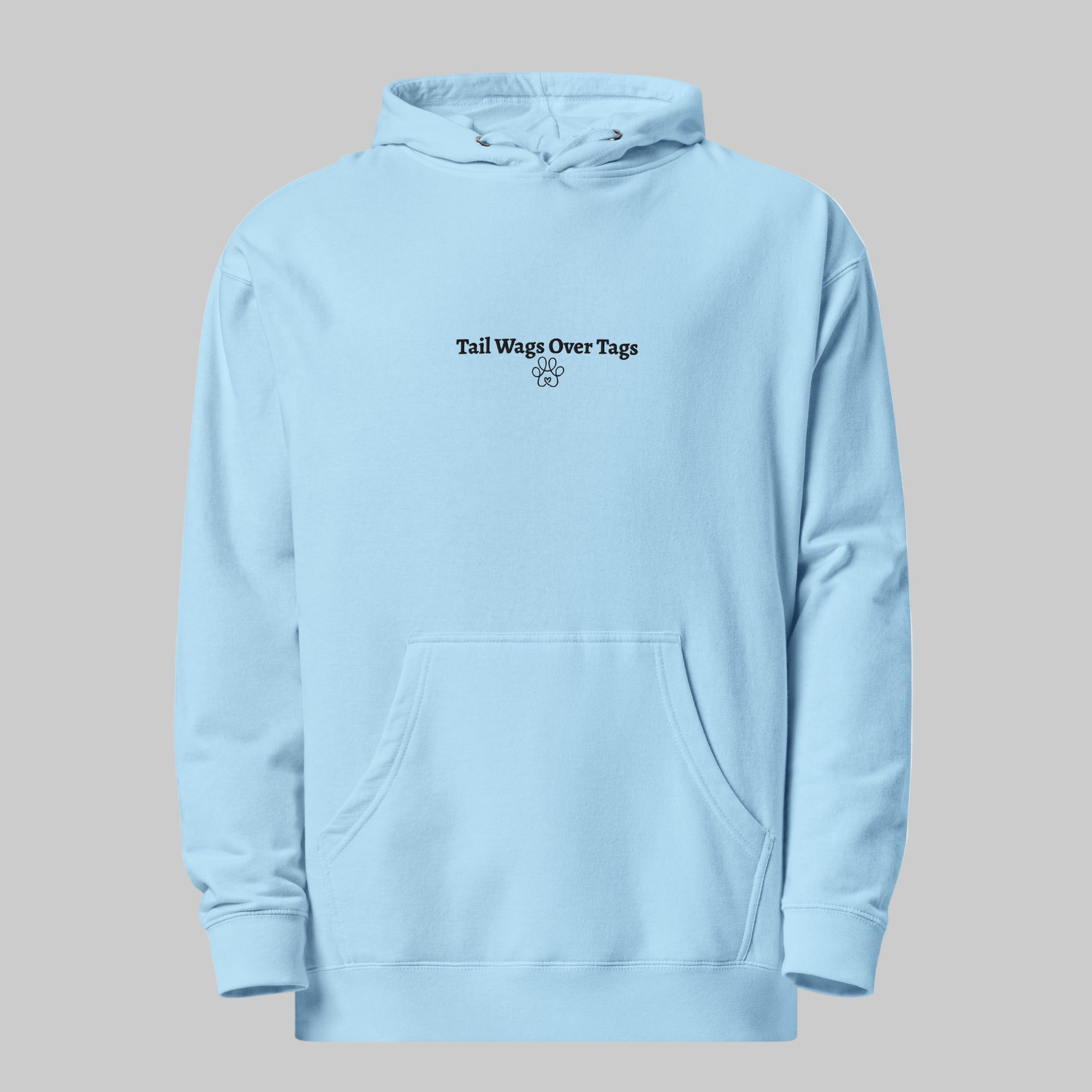Light blue hoodie with text 'Tail Wags Over Tags' on a white background