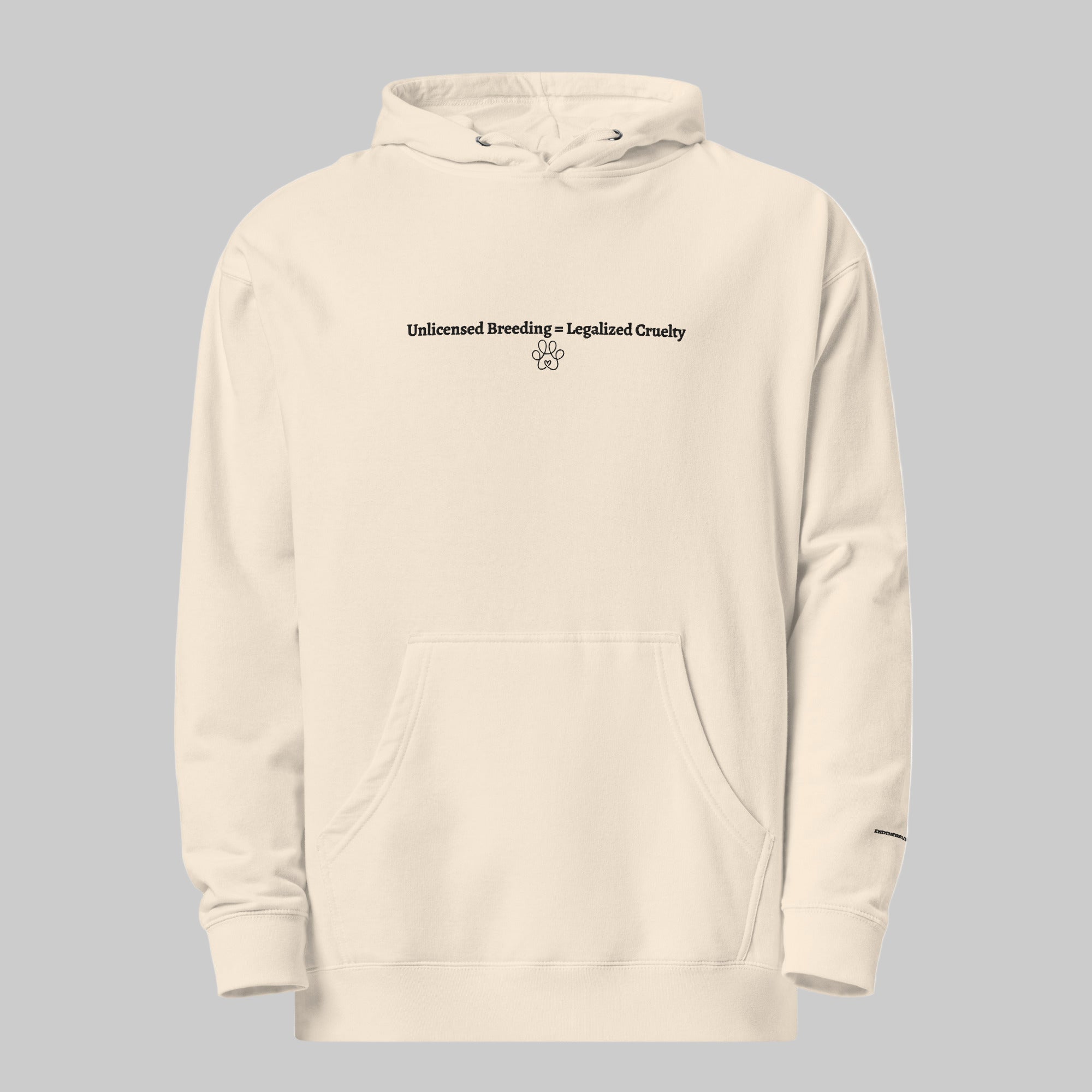 Beige hoodie with text and paw print on a white background