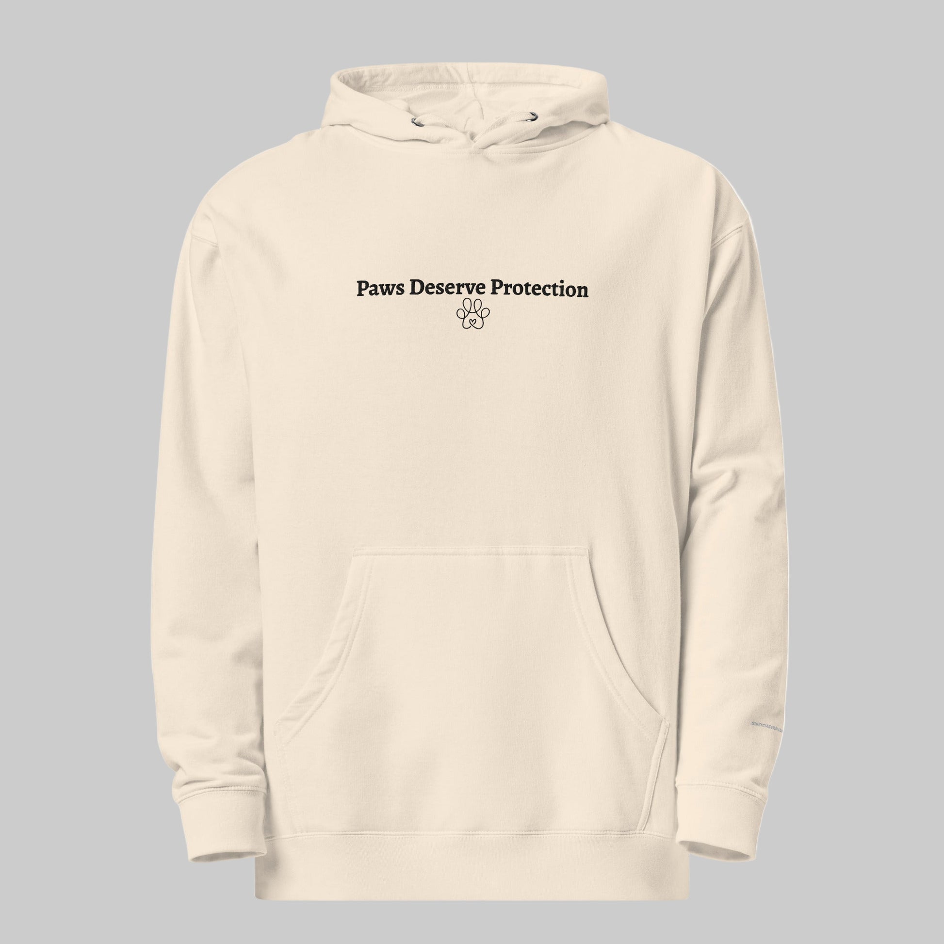 Beige hoodie with 'Paws Deserve Protection' text on a white background